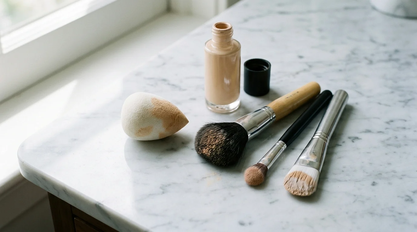 Used beauty sponge and makeup brushes with foundation residue — bacterial contamination on makeup tools