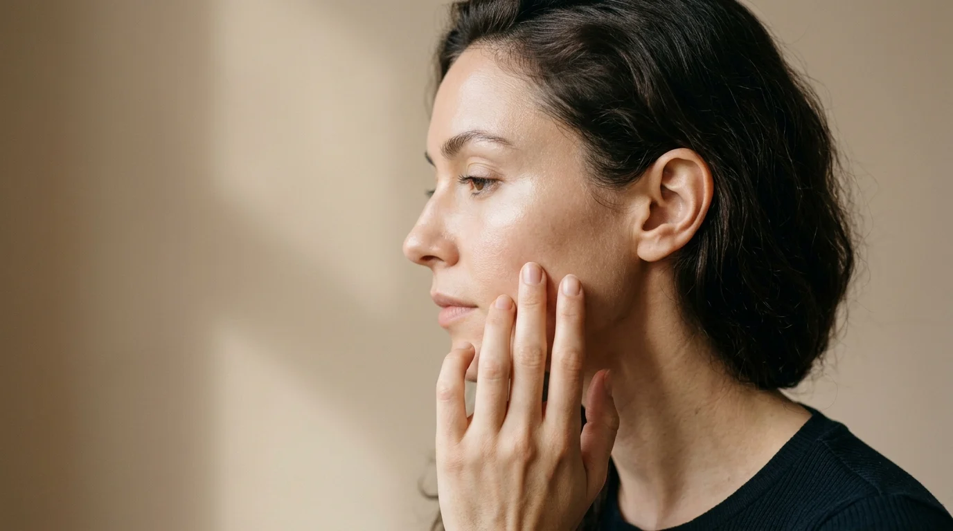 Woman with natural healthy skin gently touching her cheek — makeup microbiome and skin ecosystem editorial