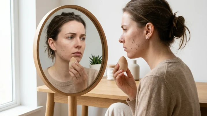 Woman sitting at a vanity mirror looking frustrated at pilled foundation particles visible on her cheekbone while holding a makeup sponge