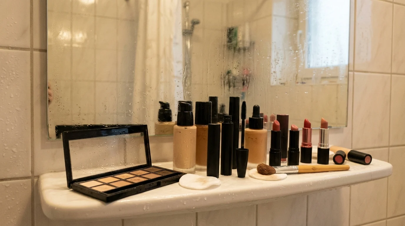 Makeup products stored on a humid bathroom shelf — one of the worst conditions for cosmetic shelf life