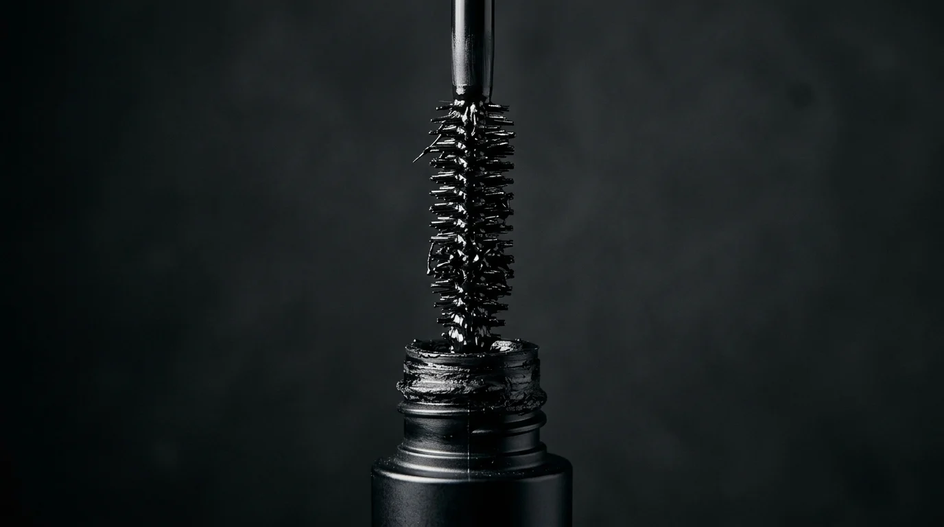 Close-up of a mascara wand being pulled from the tube, illustrating repeated contamination with each use
