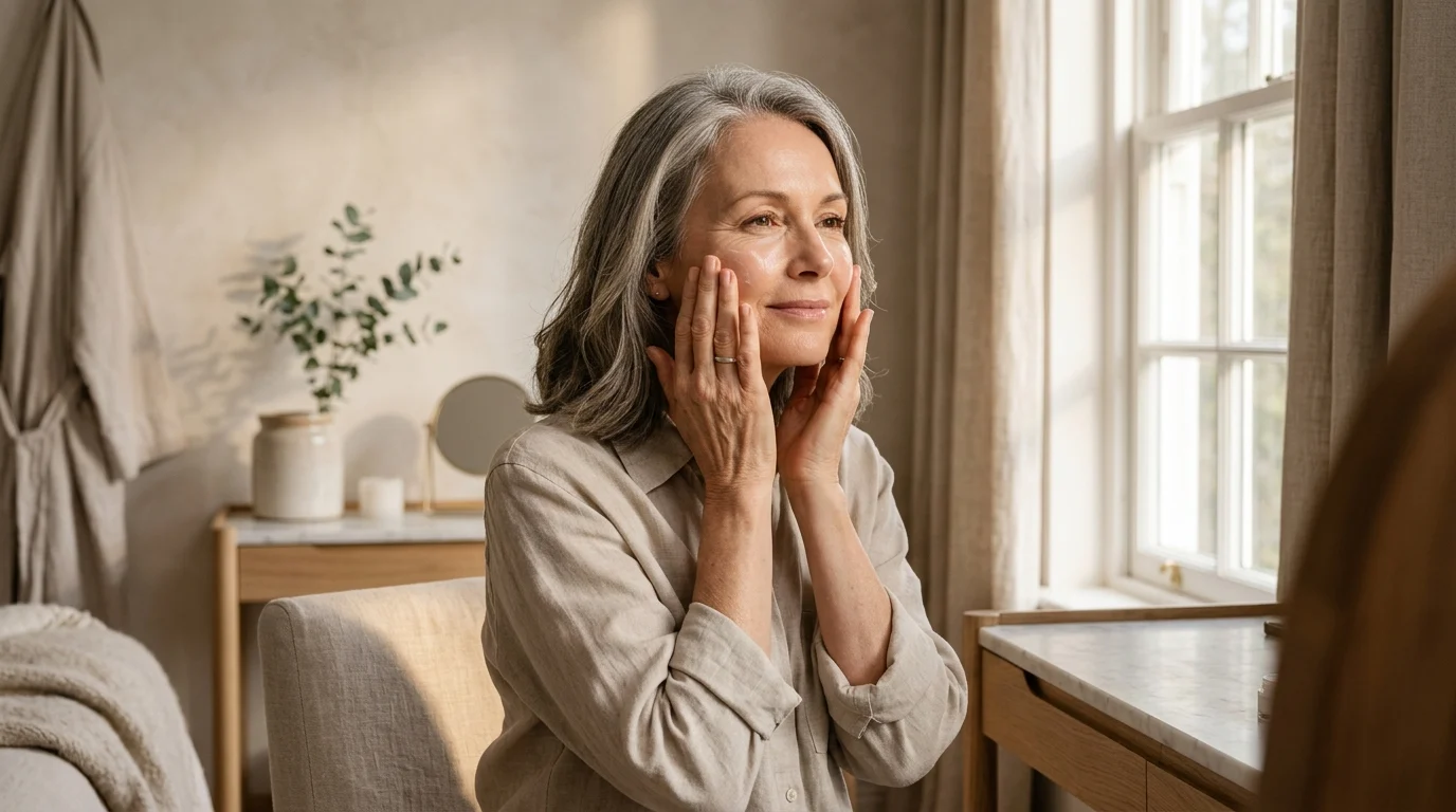 A mature woman applying moisturiser in soft morning light, representing the importance of pH-balanced skincare and barrier support as skin ages.