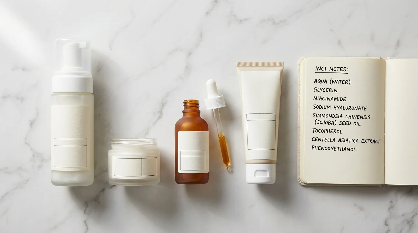 A flat lay of minimalist European skincare bottles and an open ingredient notebook on a marble surface, representing niche beauty ingredient transparency and formulation-led skincare.