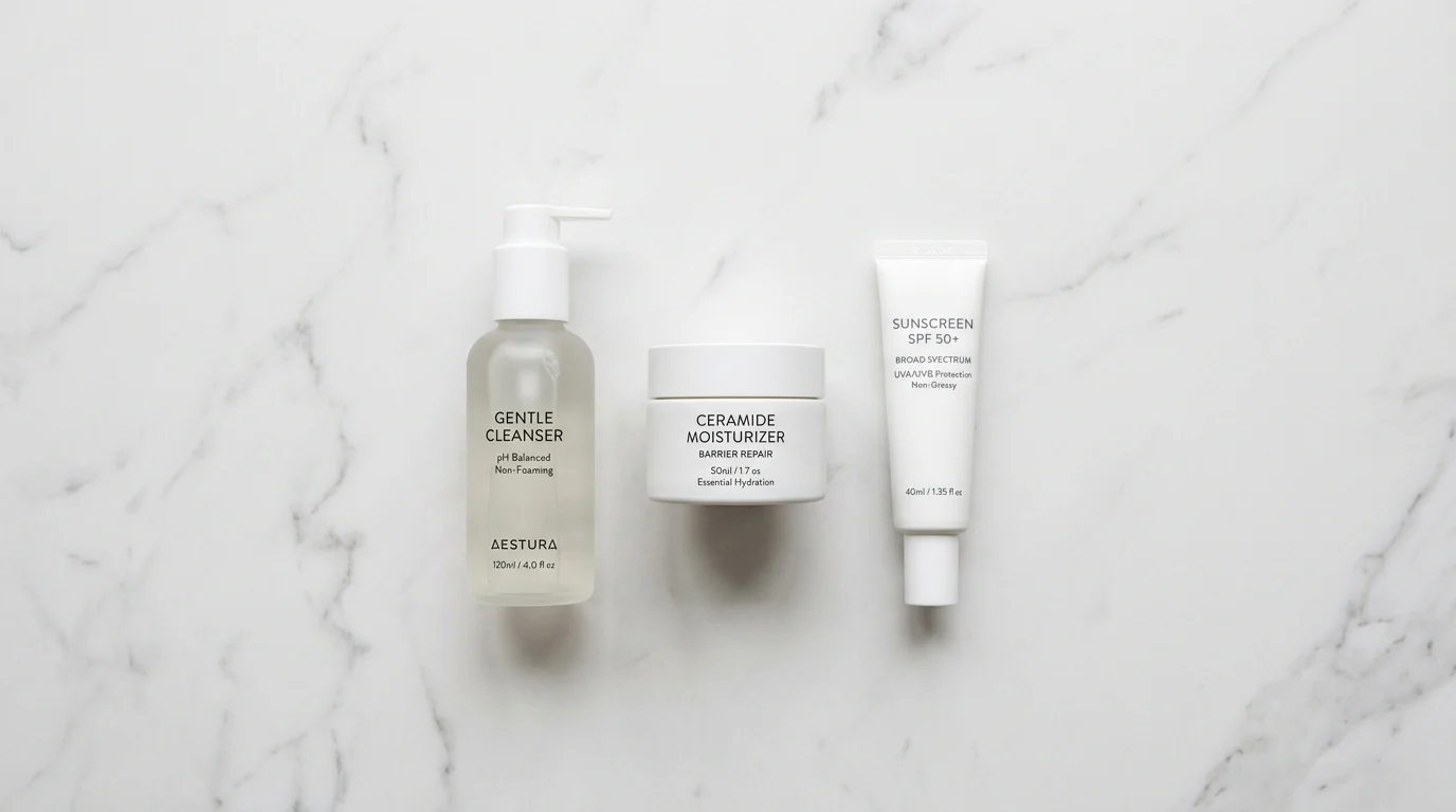 Three essential skincare products — a gentle cleanser, a ceramide moisturiser, and SPF — arranged on a clean white marble surface, representing the minimalist skincare routine recommended during skin barrier repair.