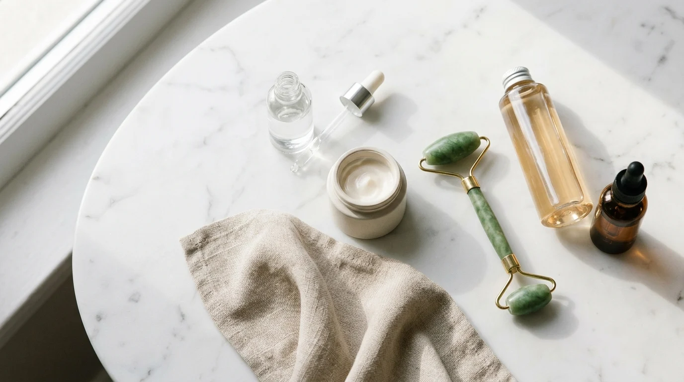 A minimal flat lay of unbranded skincare products on white marble, representing the slow beauty movement and a barrier-first, minimalist approach to long-term skin health.