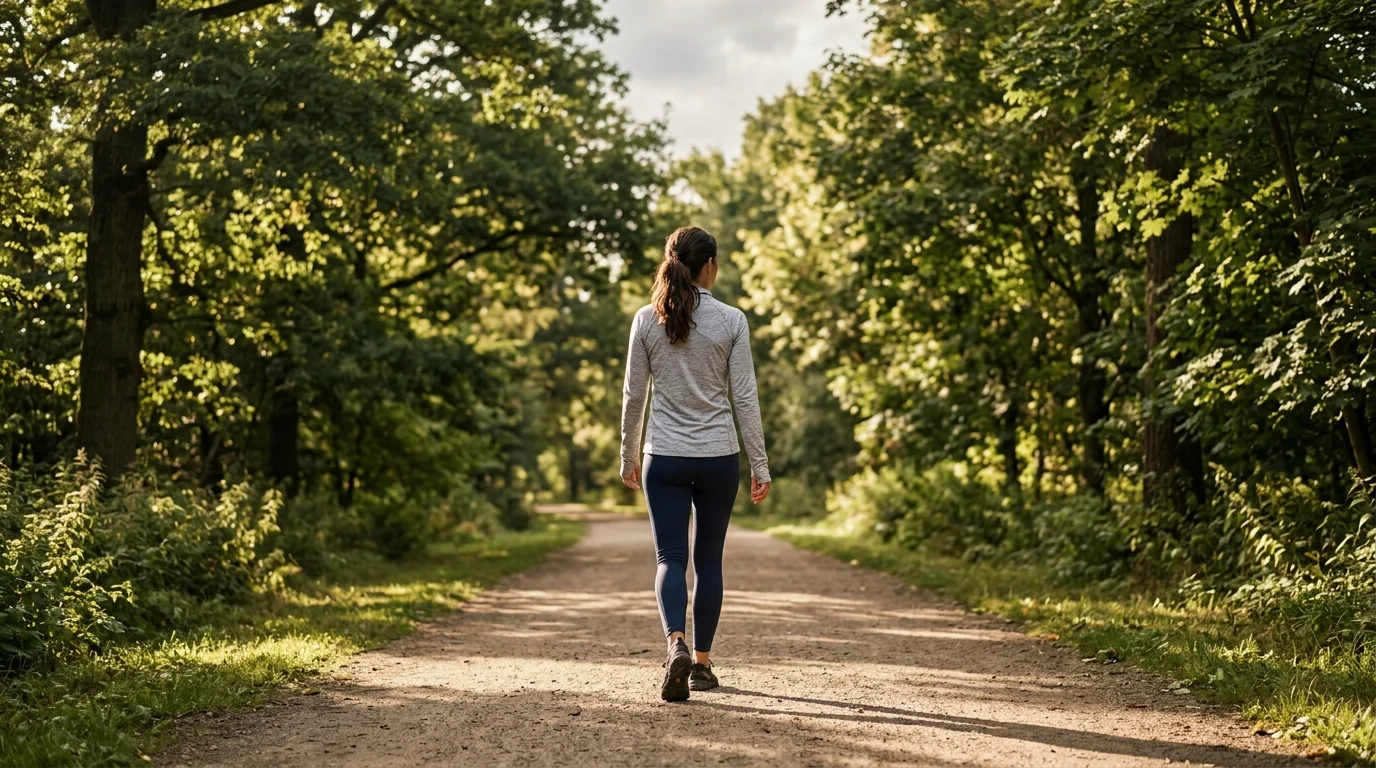 Woman walking alone on a tree-lined park path in early morning with dappled golden sunlight filtering through leaves, combining light exposure and movement