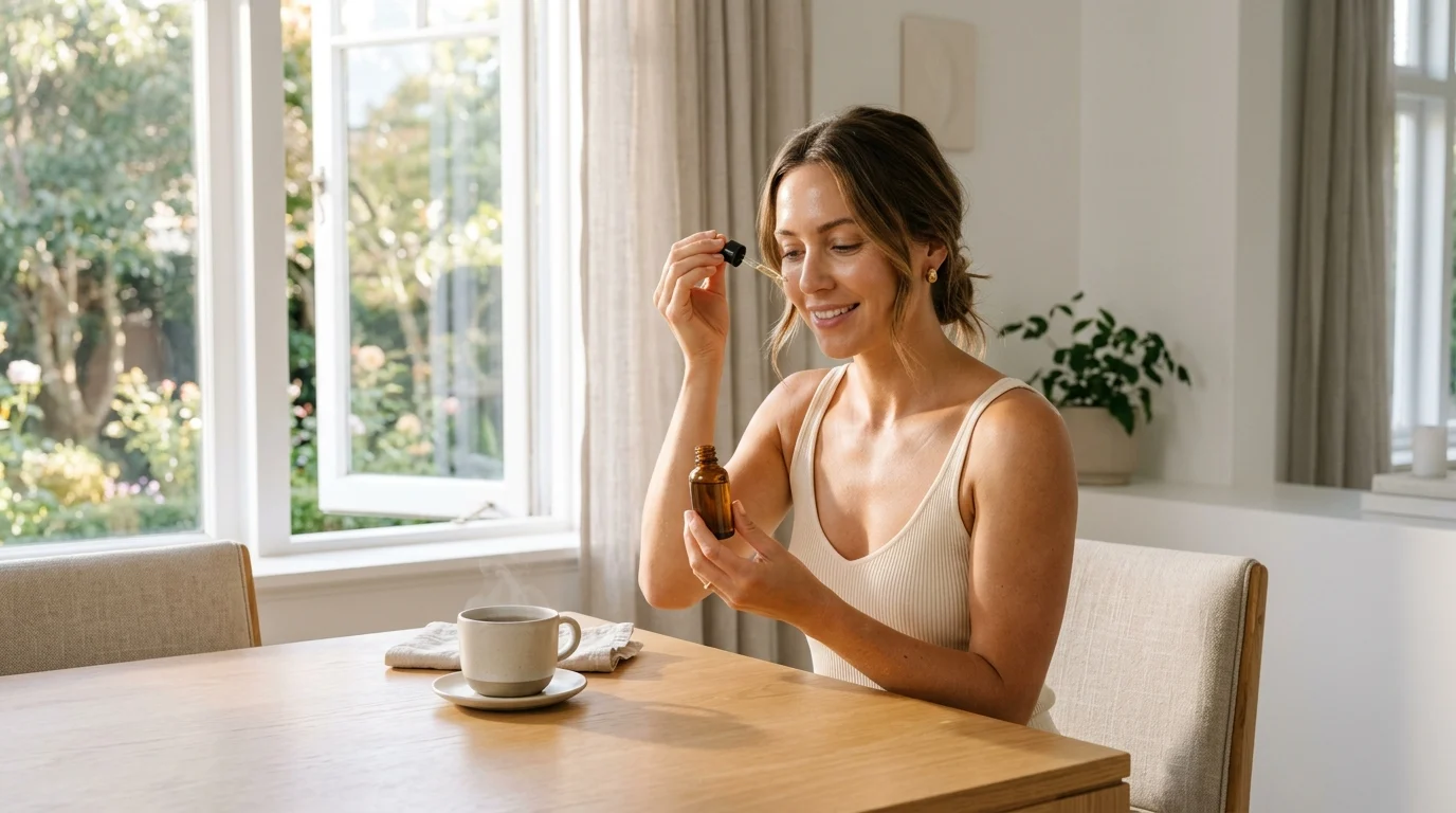 Woman with glowing healthy skin applying face serum in soft morning sunlight by an open window, illustrating circadian skin repair and morning routine