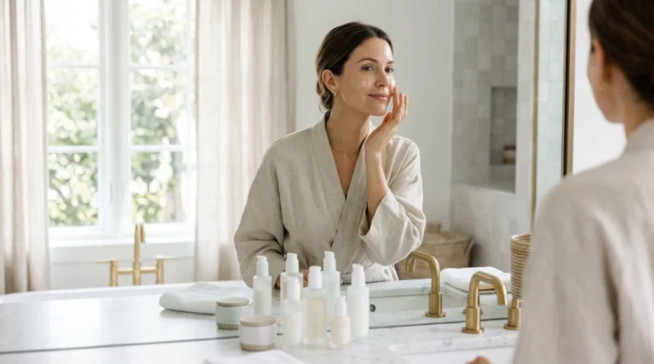 Woman applying skincare as part of her morning wellness ritual at a sunlit bathroom vanity
