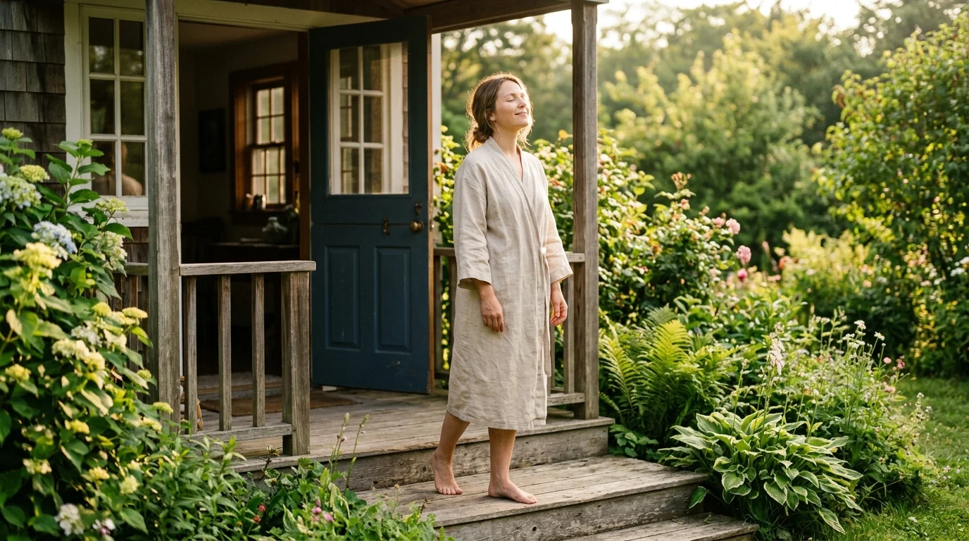 Woman stepping outside into soft golden morning sunlight with eyes closed, face tilted upward, standing on a wooden porch surrounded by green garden