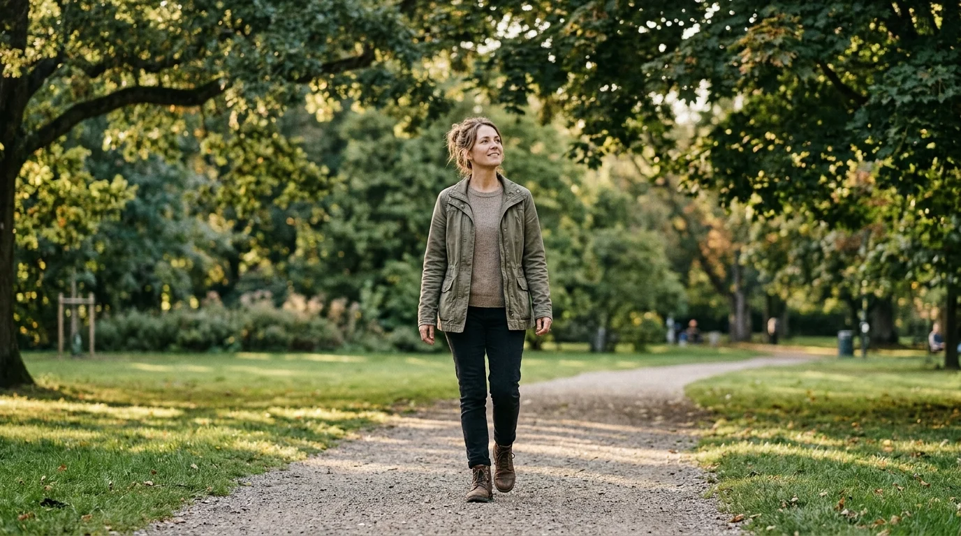 A woman walking calmly through a green park in afternoon light — illustrating nature exposure as a parasympathetic nervous system activator with emerging evidence for cortisol reduction and nervous system skin regulation.