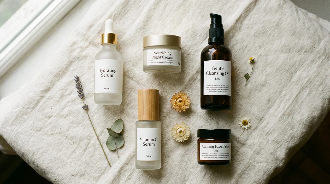 Flat lay of minimalist niche skincare brand bottles and jars on linen with dried botanicals, representing formulation transparency and indie beauty ingredient disclosure.