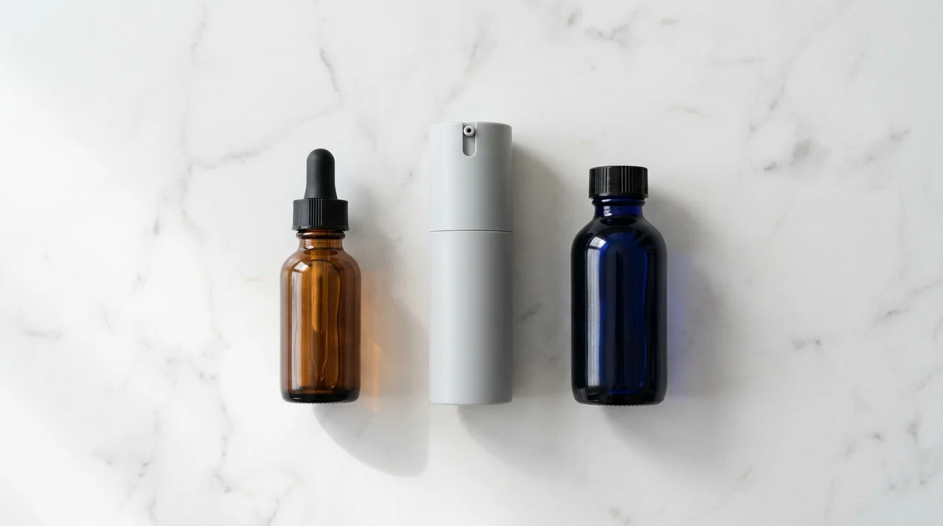 Minimalist niche skincare products on marble — amber glass serum, airless pump moisturizer, and dark glass facial oil