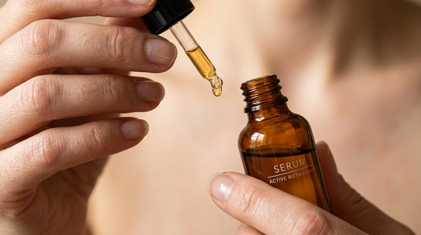 Macro close-up of a serum dropper with a golden drop forming, representing precision active ingredient delivery in niche skincare formulation