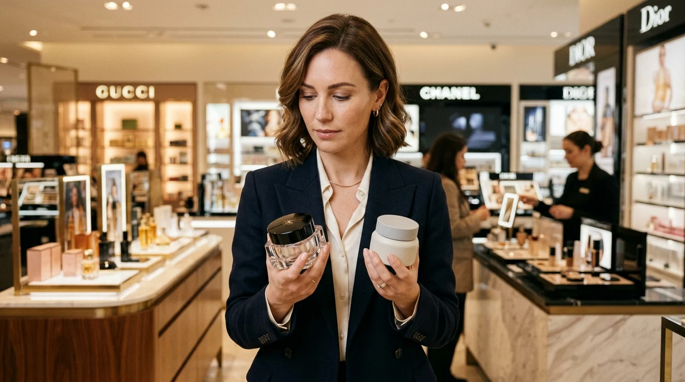 A woman comparing a luxury and a niche skincare moisturizer at a department store beauty counter
