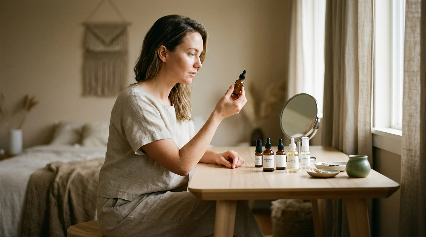 Woman examining a minimalist niche skincare serum bottle at a clean wooden vanity in natural morning light