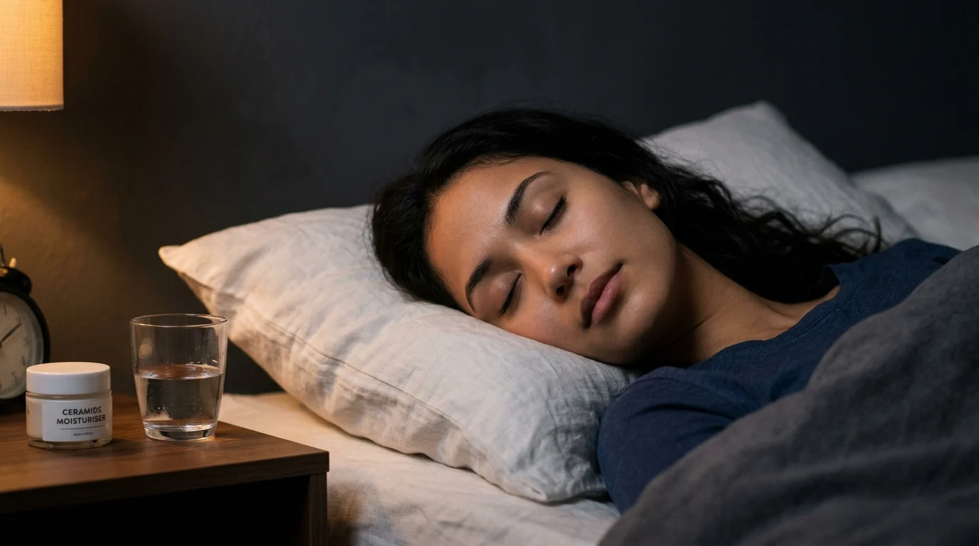 Woman sleeping peacefully in a dimly lit bedroom with ceramide moisturiser on the nightstand, representing the skin's nocturnal barrier repair cycle and TEWL reduction during sleep