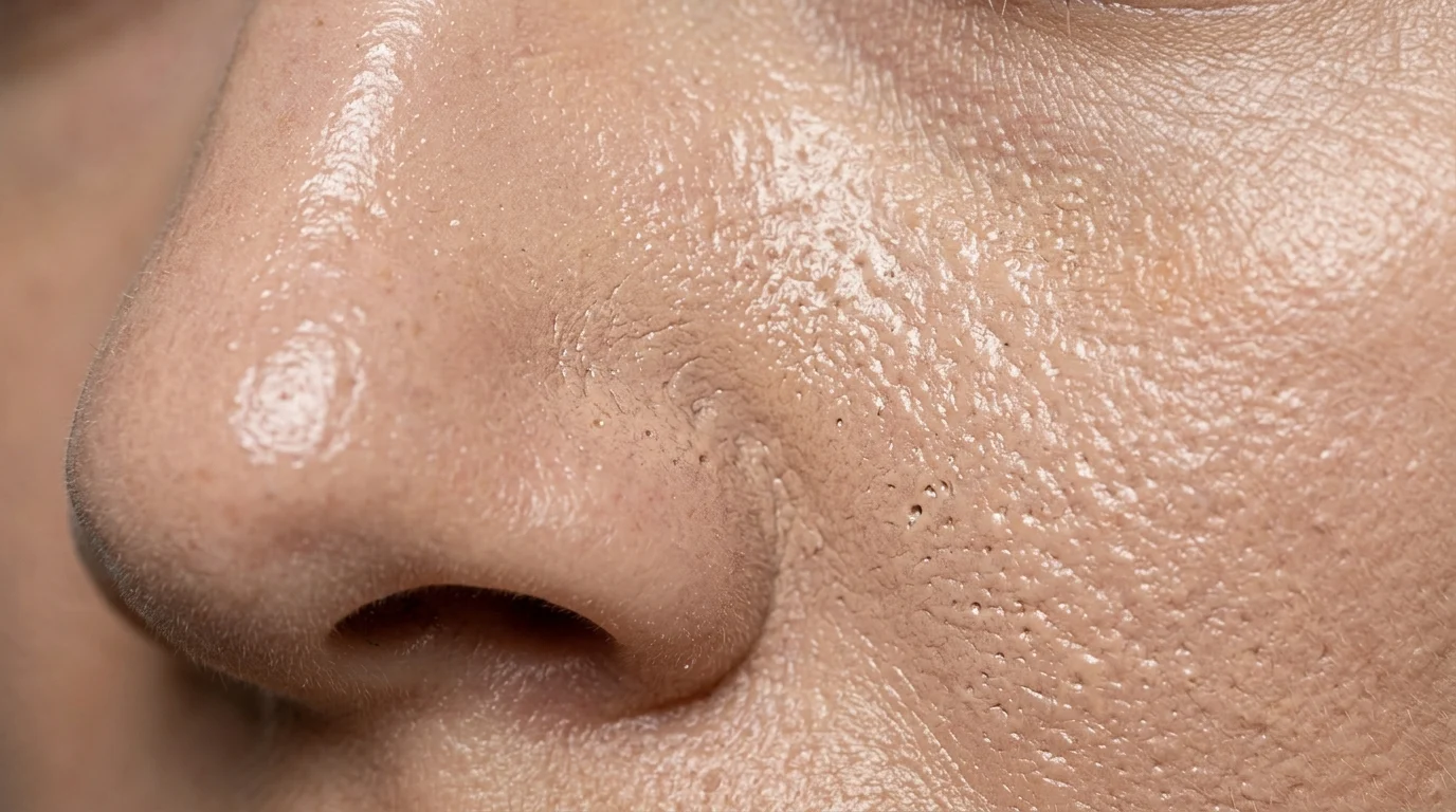 Macro close-up of oily facial skin showing foundation breaking down around enlarged pores due to excess sebum production.