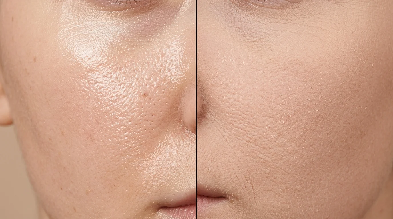 Side-by-side close-up comparison of oily skin with visible shine and enlarged pores versus dry skin with matte texture and fine lines