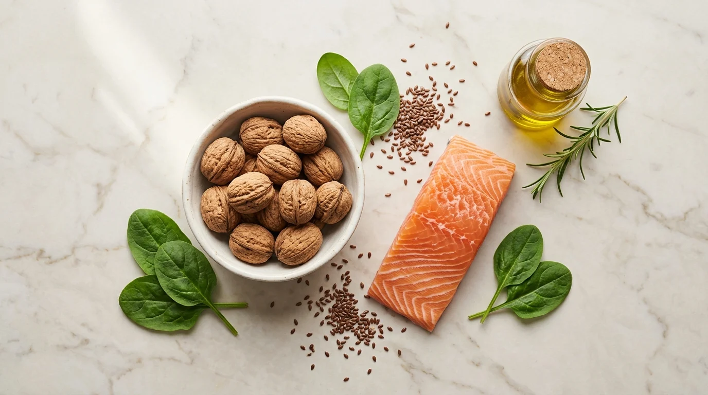 Flat lay of omega-3-rich foods including salmon, walnuts, and flaxseeds — dietary factors that support skin barrier lipid synthesis and hydration.