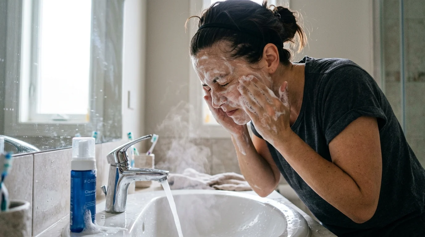 A woman vigorously washing her face with an excessive amount of foaming cleanser under hot running water — a common over-cleansing habit that strips the skin's protective lipid layer and contributes to barrier dysfunction.