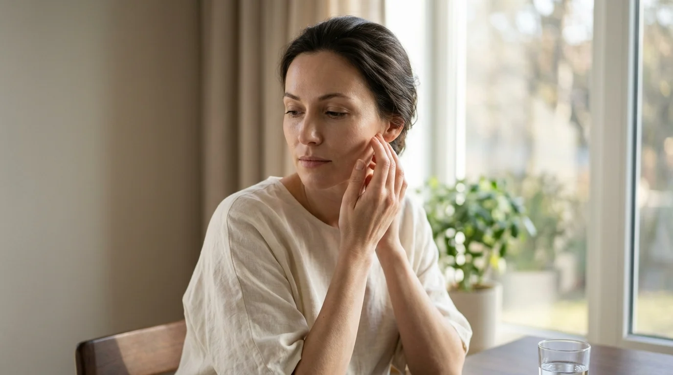 A woman in soft morning light gently touching her cheekbone, representing the invisible process of oxidative stress and skin aging beneath the surface