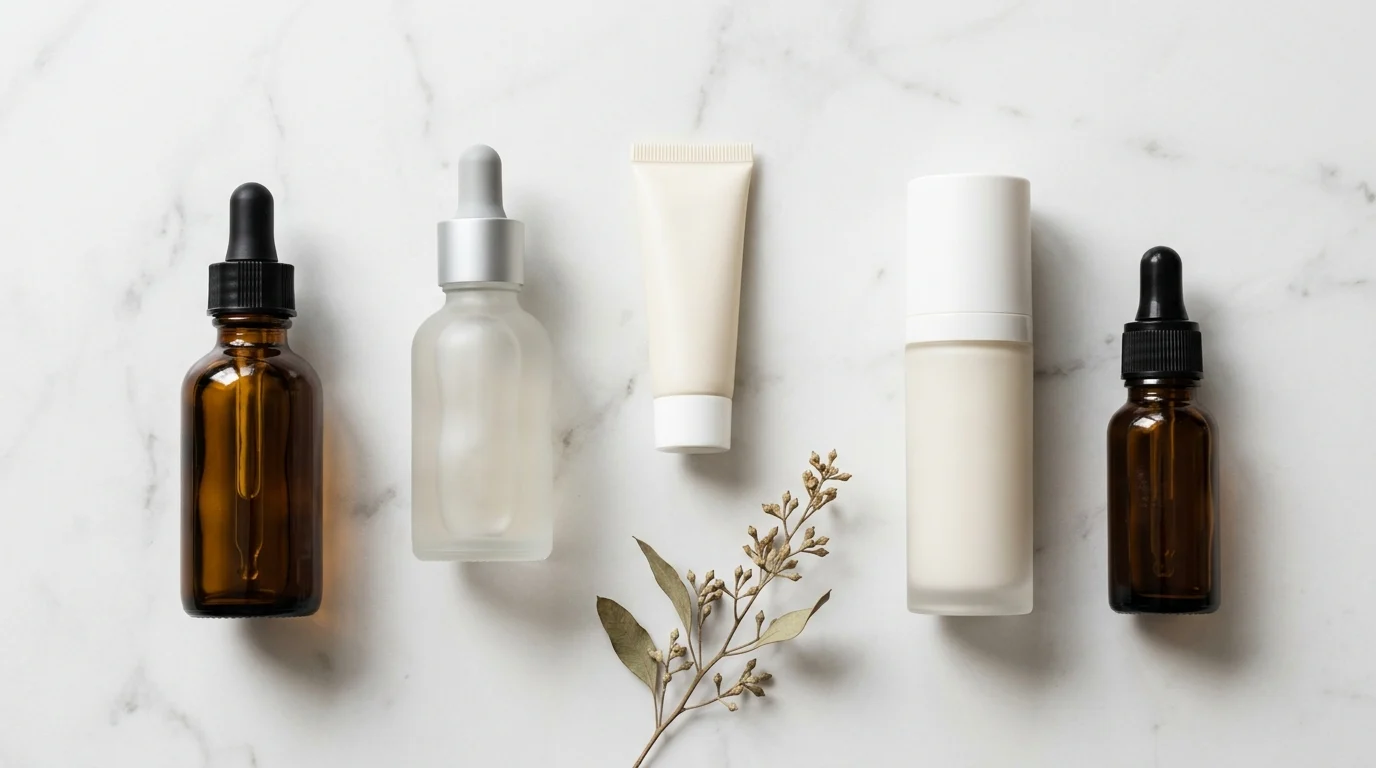 Flat lay of premium niche skincare products including amber dropper bottles, airless pump dispensers and frosted glass serums on a white marble surface