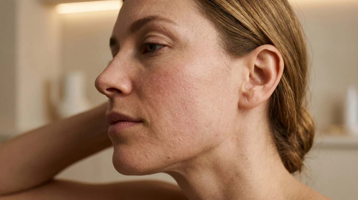 Close-up macro editorial photo of a woman's cheek showing mild redness and skin sensitivity — realistic, natural, no makeup.