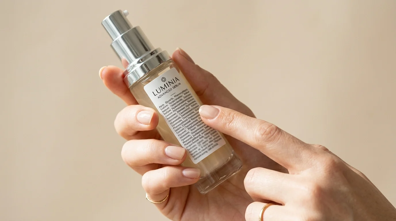A hand points to the fine-print INCI ingredient list on a cosmetic bottle — understanding ingredient position and concentration matters more than spotting a single flagged name.