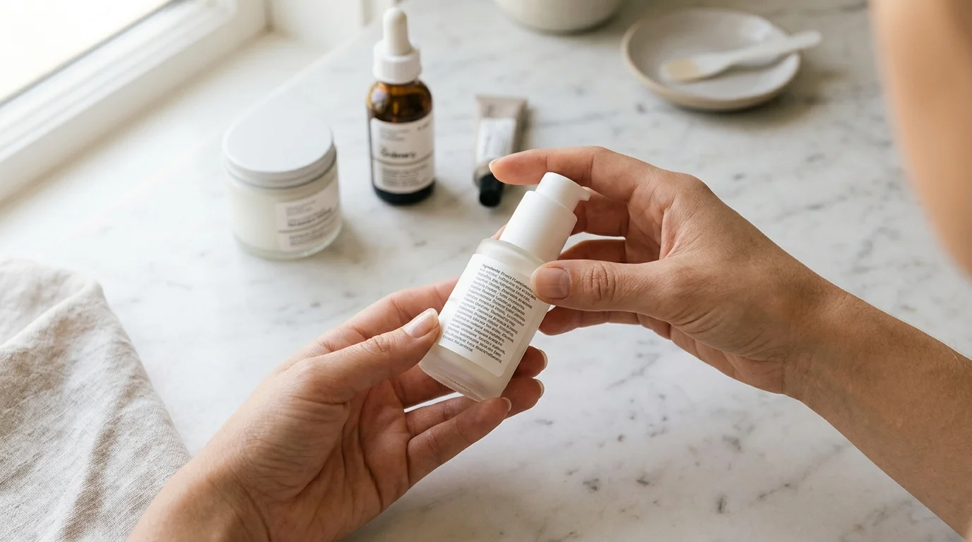 A woman is reading the list of ingredients on a cosmetic product—this depicts consumers’ conscious approach to cosmetic ingredient transparency and their ability to critically evaluate INCI labels.