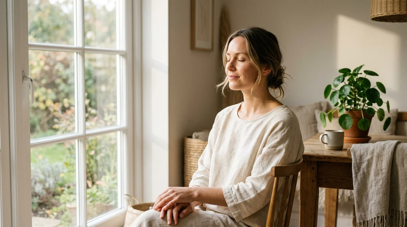 A woman with calm, healthy skin resting peacefully by a morning window — illustrating the visible relaxation benefits for skin when the parasympathetic nervous system is dominant.
