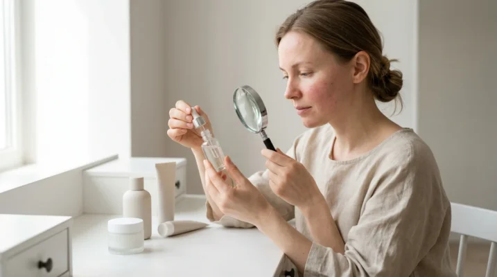 A woman with sensitive skin carefully examining a serum bottle at a minimalist vanity, surrounded by fragrance-free skincare products in natural light.