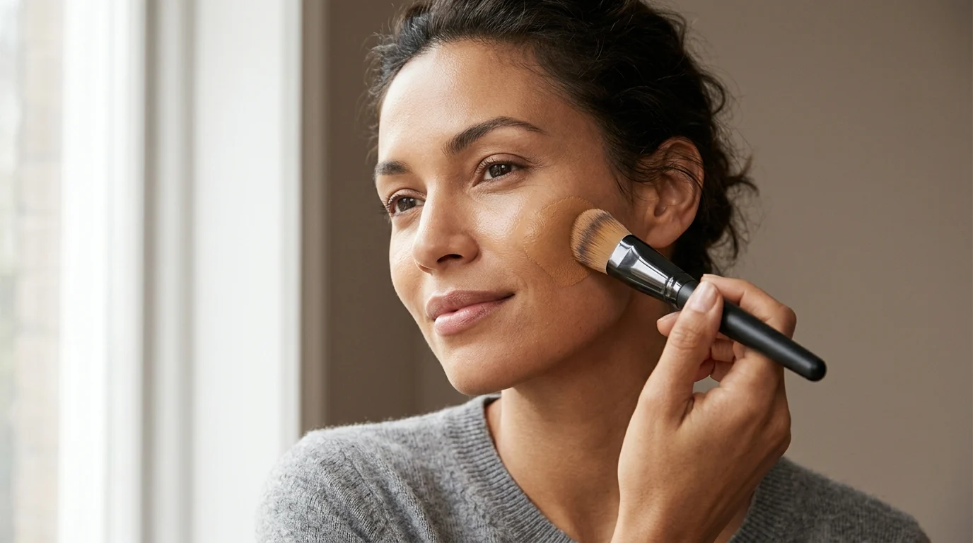 Woman applying liquid foundation with a brush in soft natural light, showcasing real skin texture and seamless blending
