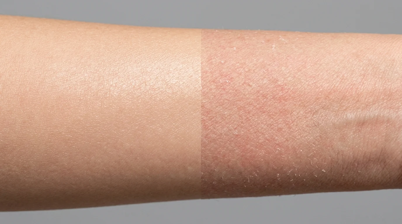 Macro comparison of healthy intact skin versus dry, sensitised, barrier-disrupted skin, demonstrating the visible consequences of elevated skin pH and ceramide deficiency.