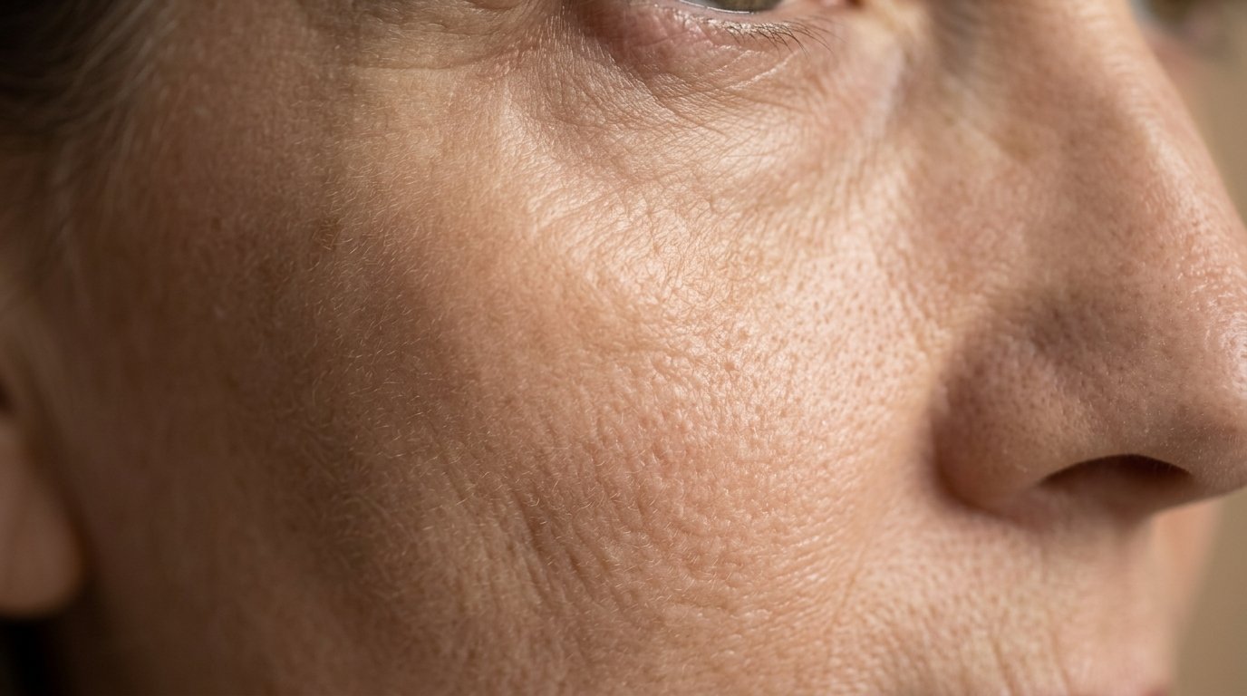 Close-up of mature skin showing fine lines, reduced elasticity and dullness — visible effects of collagen damage from sugar and skin glycation