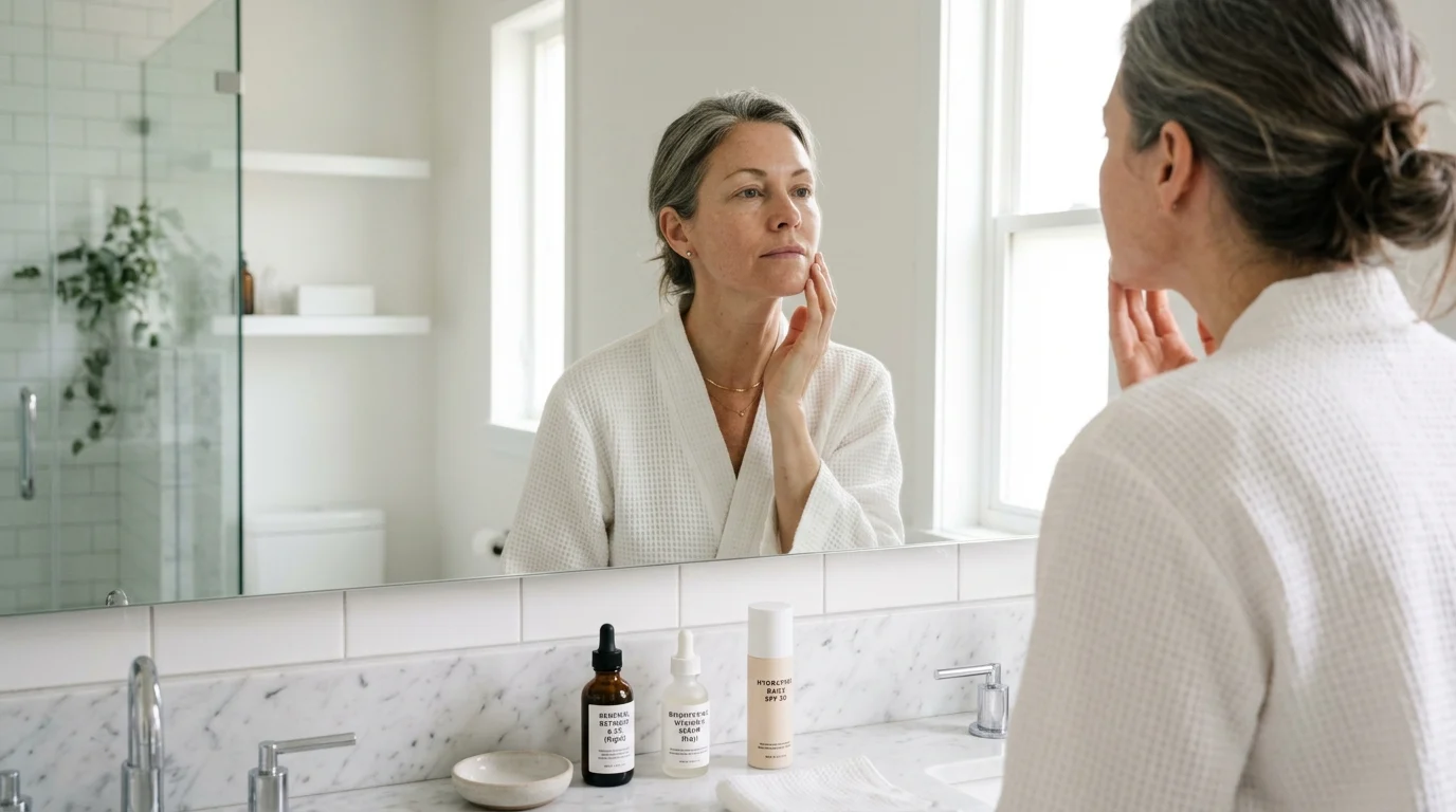 A woman in her 40s examining her skin closely in a bathroom mirror surrounded by retinoid, vitamin C and SPF skincare products