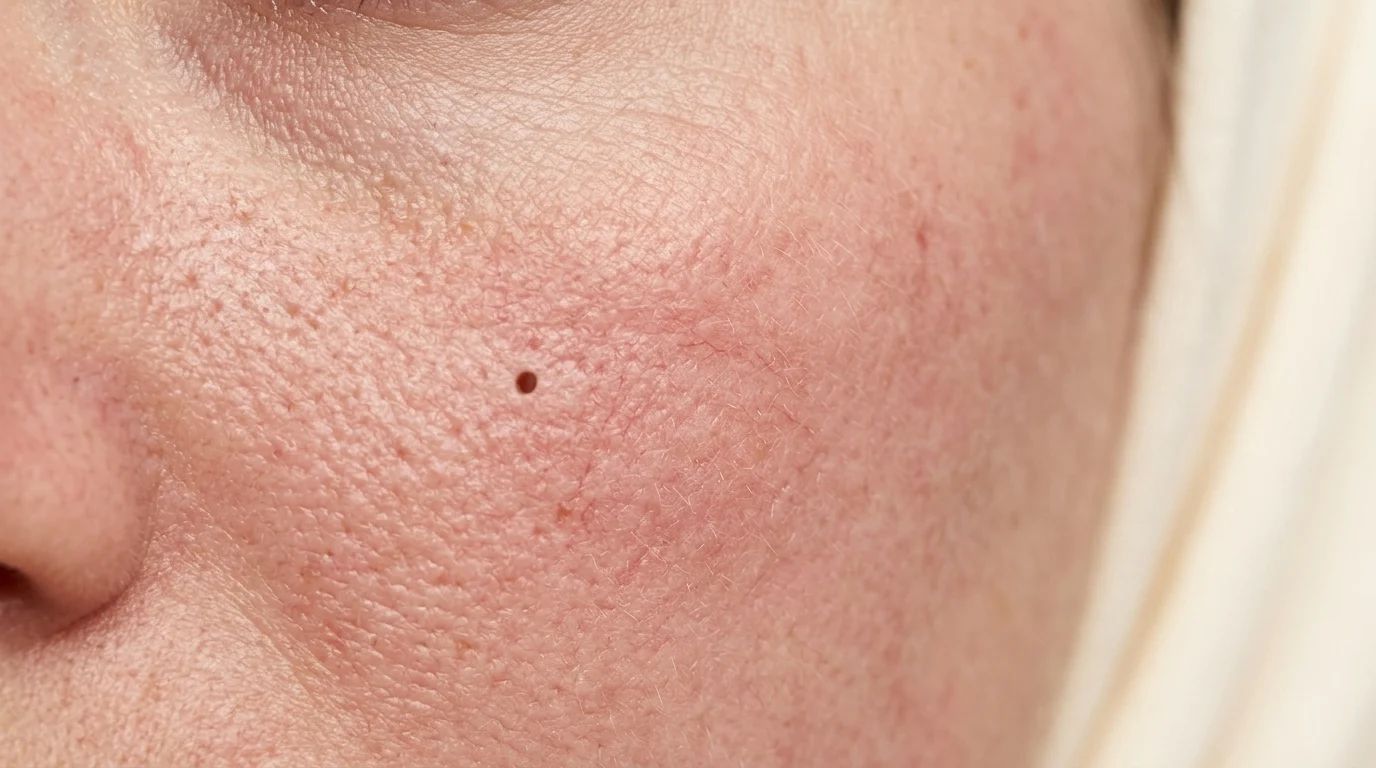 Extreme macro close-up of inflamed skin surface showing visible redness, fine lines, and texture irregularities caused by chronic low-grade inflammation and collagen degradation