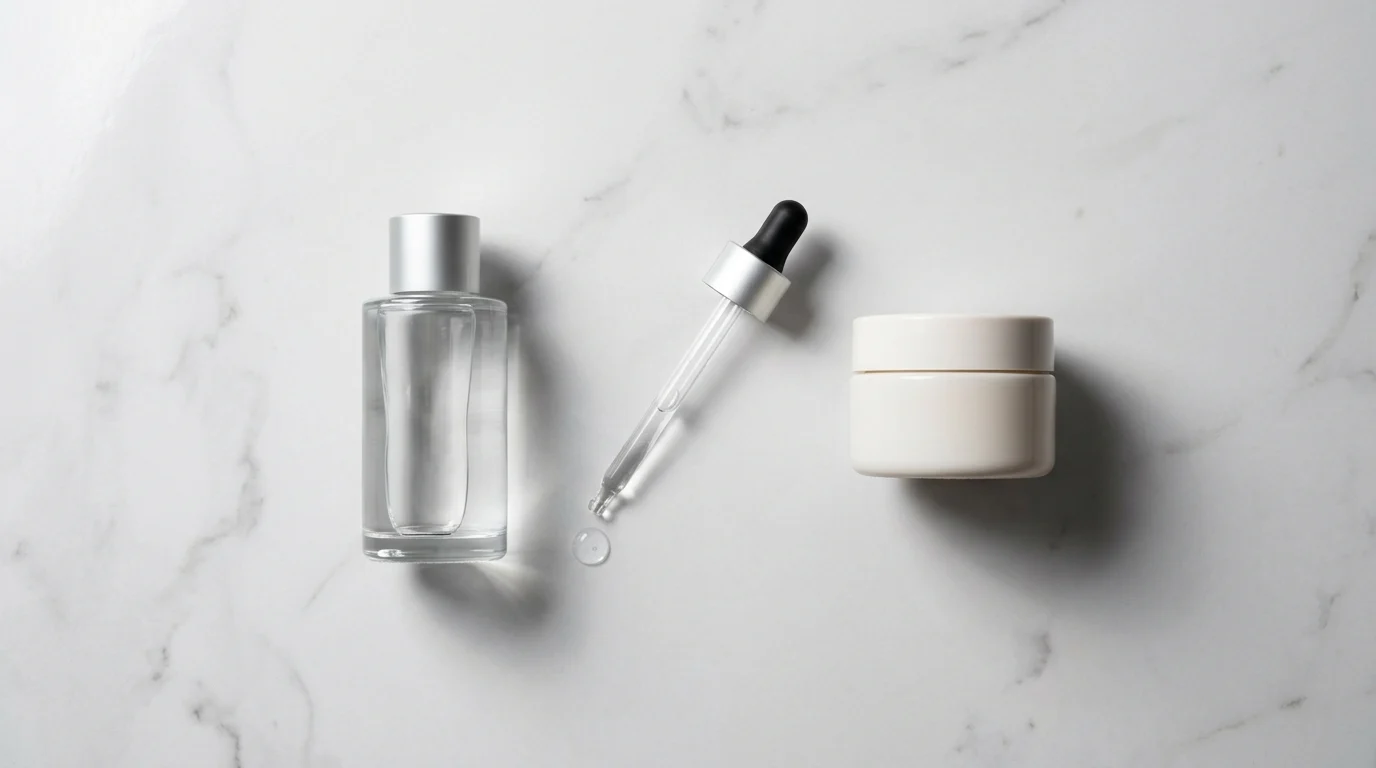 Minimalist flat lay of luxury skincare products on white marble — representing longevity skincare ingredients and evidence-based formulation