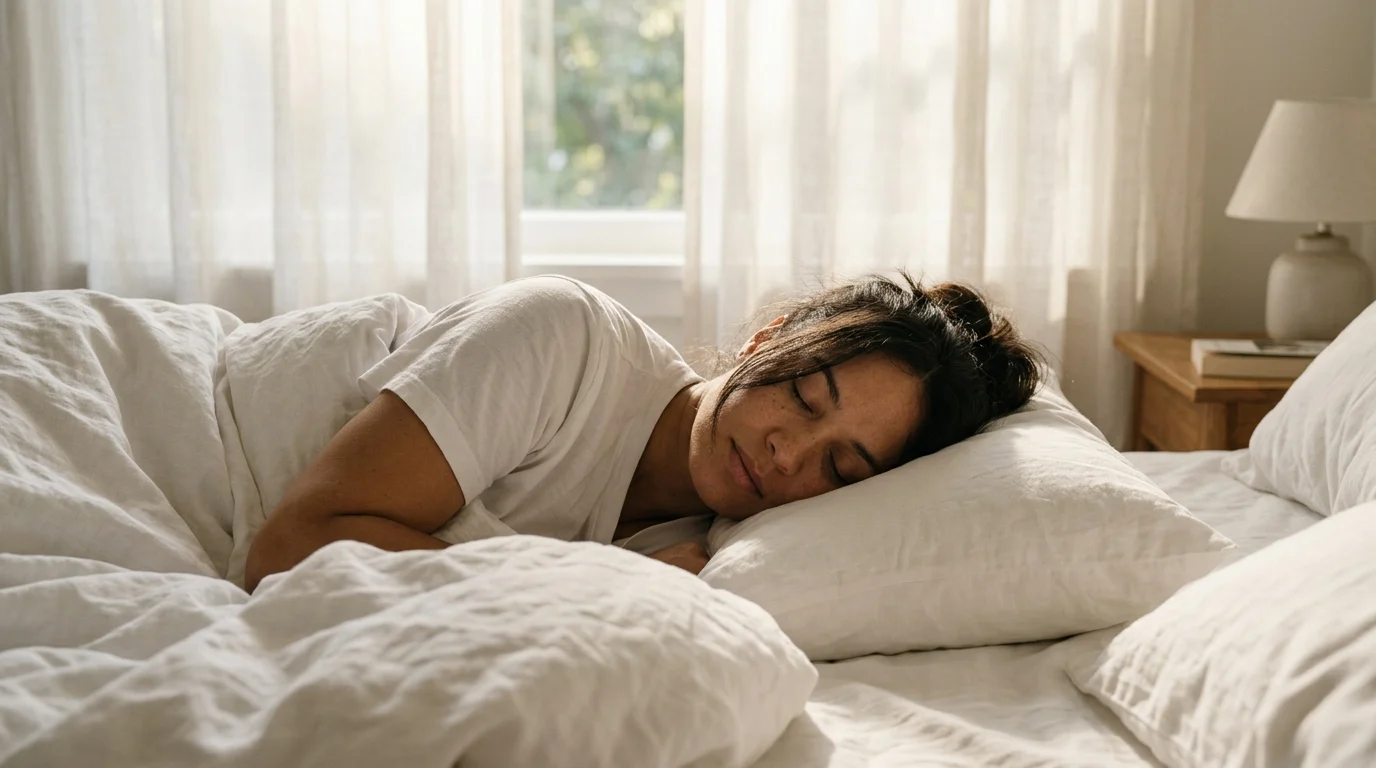 Woman sleeping in white linen — representing the role of sleep quality and circadian alignment in skin longevity and cellular repair.