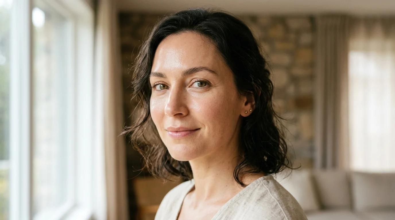A woman with naturally radiant, well-oxygenated skin in soft natural daylight — illustrating healthy skin microcirculation and blood flow
