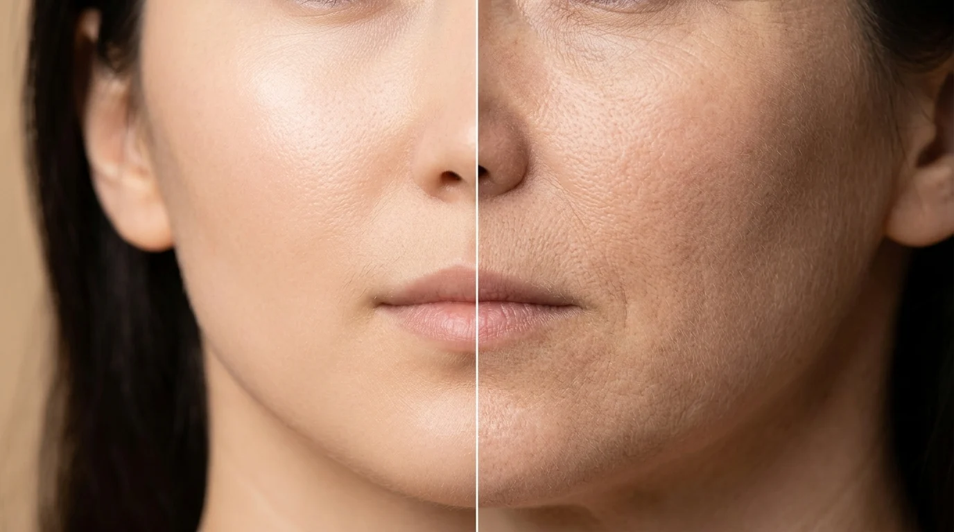 A macro photo showing the difference in texture between healthy and aging skin—firmness, pores, and fine lines along the jawline.