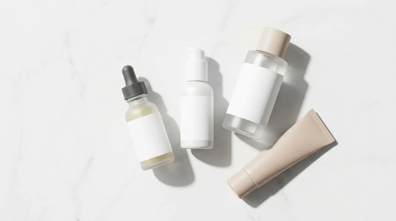 Flat lay of skincare actives — vitamin C serum, niacinamide, exfoliating acid toner, and silicone primer — arranged before foundation application.