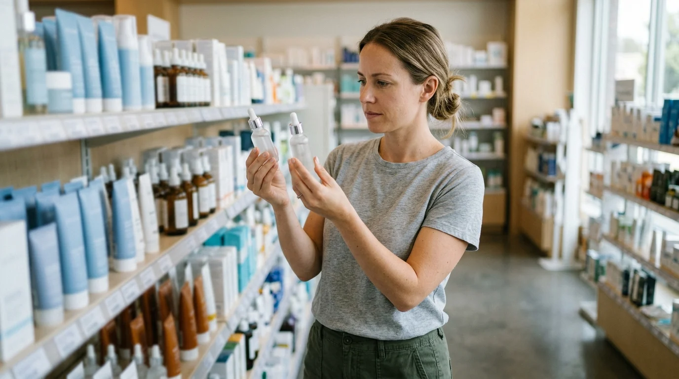 A woman analytically comparing two skincare serum bottles side by side in a beauty store aisle, representing the informed consumer approach to skincare ingredient disclosure.