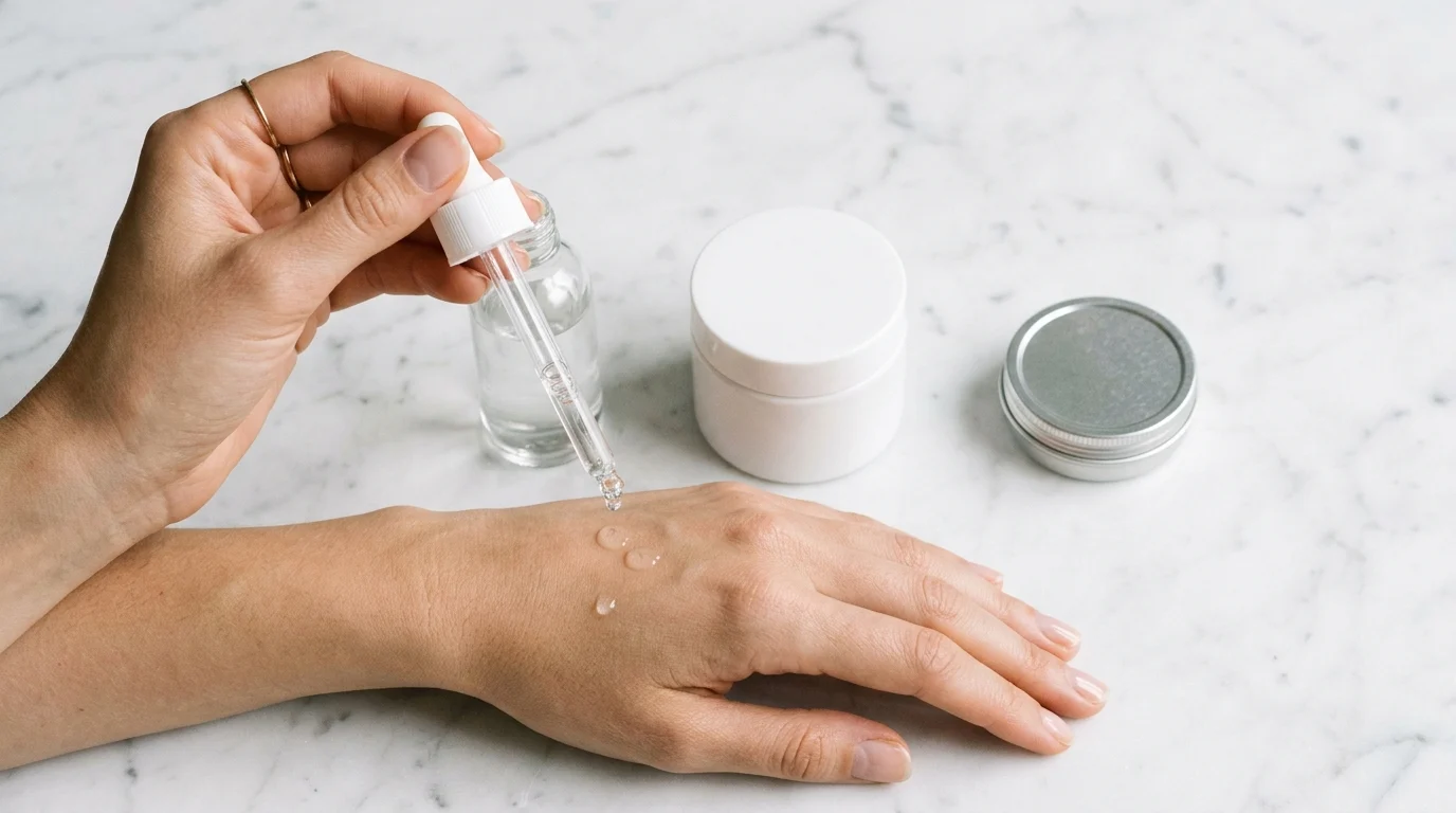 Flat lay of hyaluronic acid serum, ceramide moisturiser, and petrolatum balm representing the three-step humectant, emollient, and occlusive layering approach to reduce TEWL