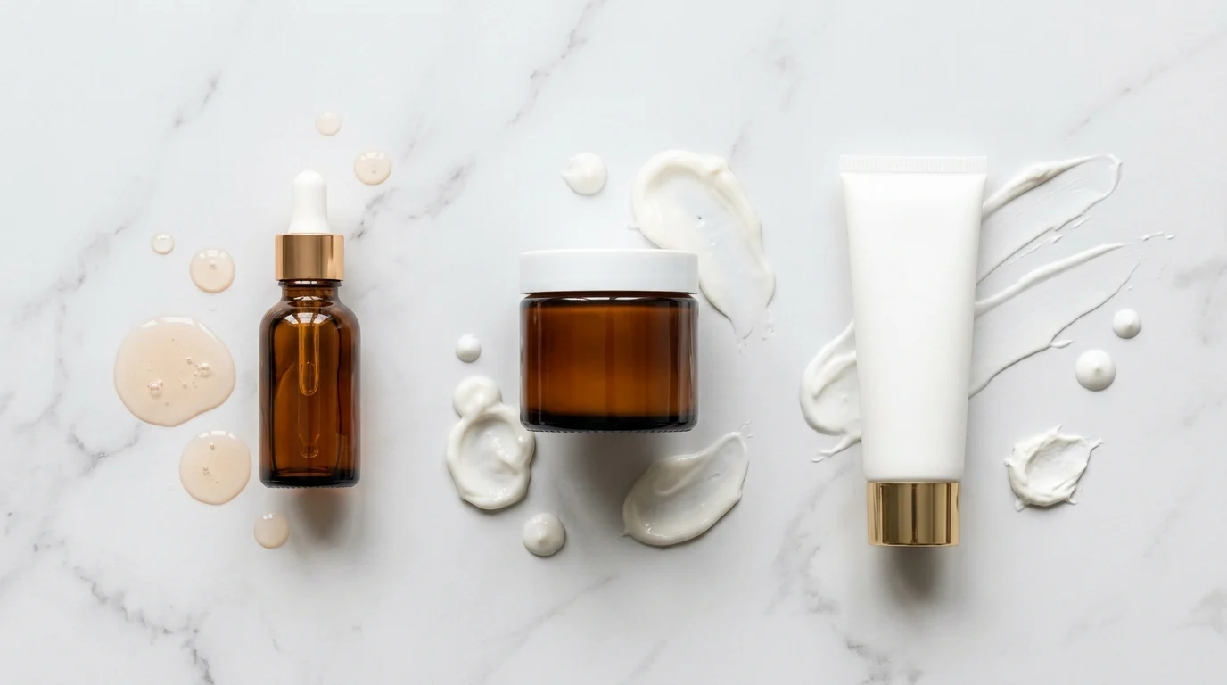 Vitamin C serum, peptide moisturizer and mineral sunscreen SPF arranged in order on a marble surface representing skincare layering routine