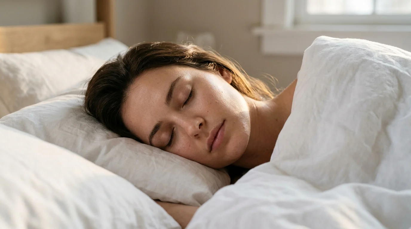 Woman sleeping peacefully in white linen, representing the role of sleep in nocturnal skin cell repair, ROS clearance, and mitochondrial recovery