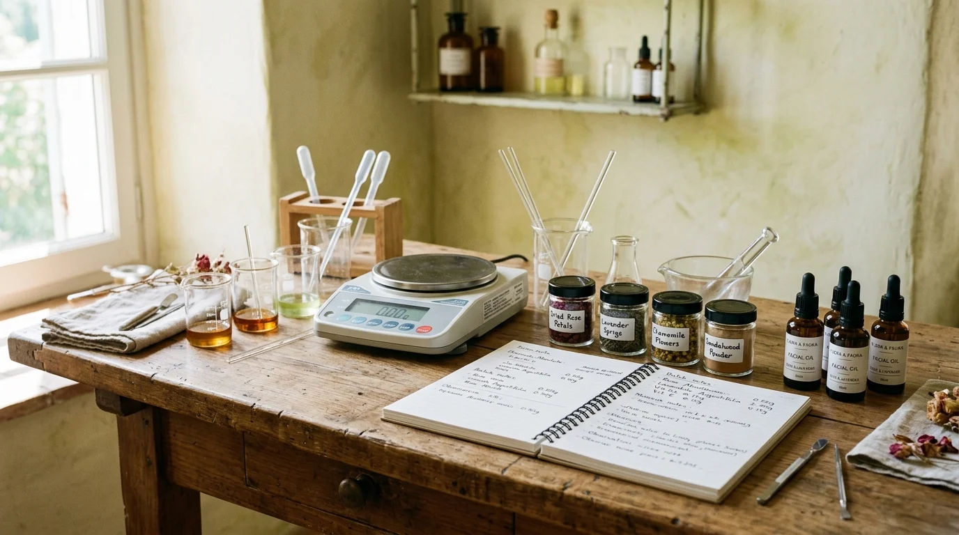 Small-batch skincare production workspace with botanical extracts, beakers, and handwritten batch notes on a wooden bench