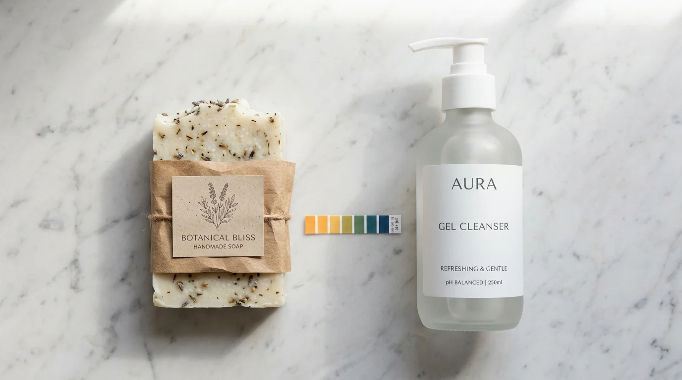 Side-by-side comparison of a natural handmade soap bar and a pH-balanced gel cleanser with a pH test strip, illustrating the difference in skin pH impact between the two product types.