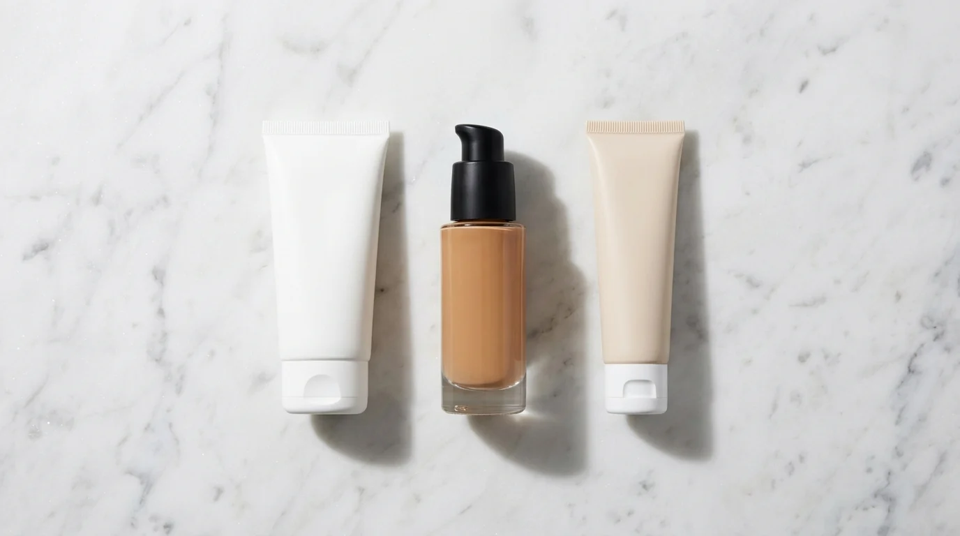 A dedicated SPF 50 sunscreen tube and a tinted foundation bottle placed side by side on marble — visually contrasting sunscreen vs SPF makeup and their different roles in UV protection.