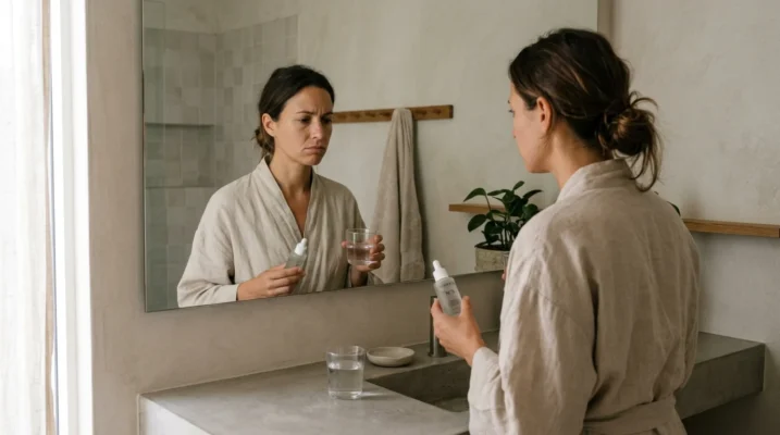 Woman examining dry, tight skin in bathroom mirror while holding water and hydrating serum, illustrating the problem of transepidermal water loss