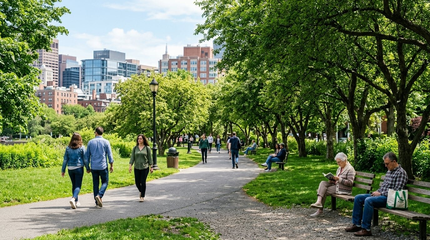 People walking and resting in an urban park with mature trees and city buildings in the background — illustrating that green space health benefits are accessible within city environments.